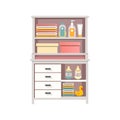 Baby changing table and dresser with diapers, creams, nipples. Vector illustration.